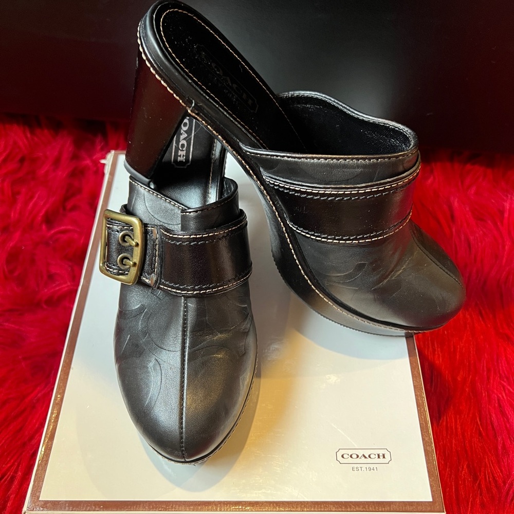 Coach Black Leather Mules with Gold Buckle
